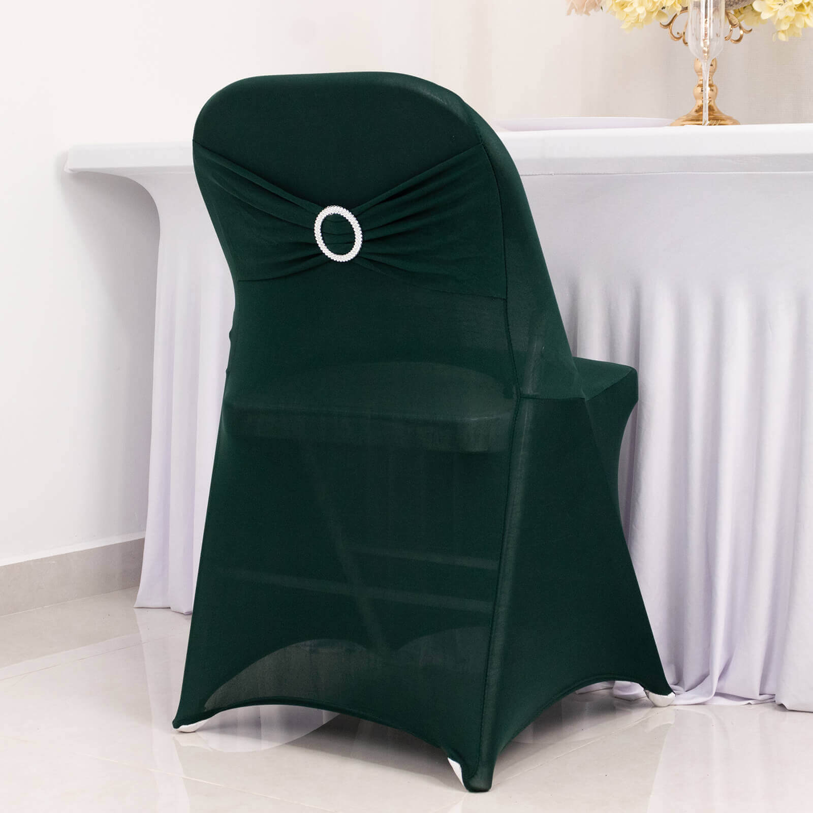 Stretch Spandex Chair Cover Hunter Emerald Green for Folding Chairs - Secure Fit Slipcover with Silver Rhinestone Buckled Sash Band - Bell Racket Store