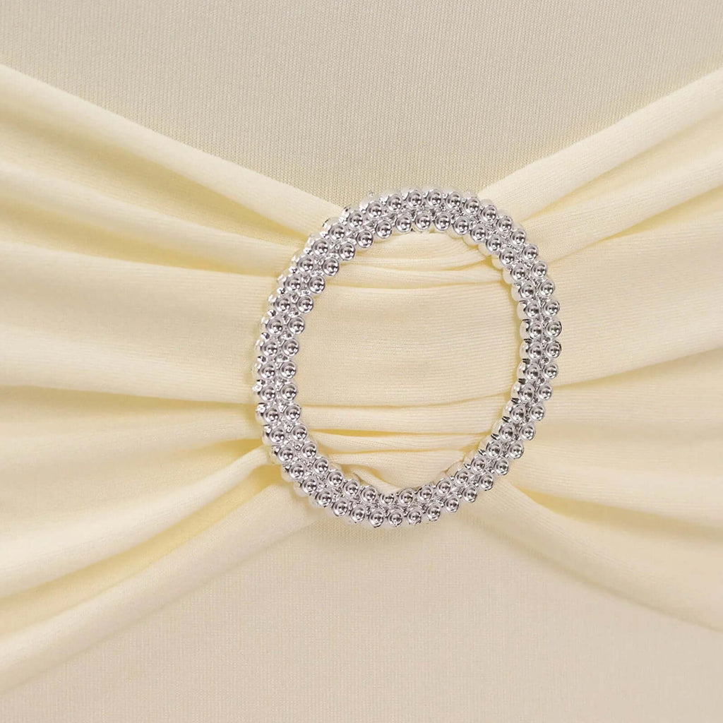 Stretch Spandex Chair Cover Ivory for Folding Chairs - Secure Fit Slipcover with Silver Rhinestone Buckled Sash Band - Bell Racket Store