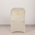 Stretch Spandex Chair Cover Ivory for Folding Chairs - Secure Fit Slipcover with Silver Rhinestone Buckled Sash Band - Bell Racket Store