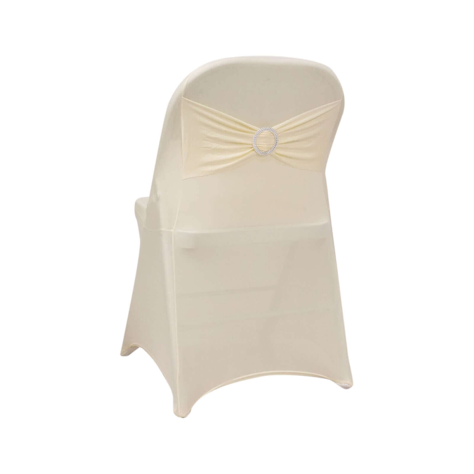 Stretch Spandex Chair Cover Ivory for Folding Chairs - Secure Fit Slipcover with Silver Rhinestone Buckled Sash Band - Bell Racket Store