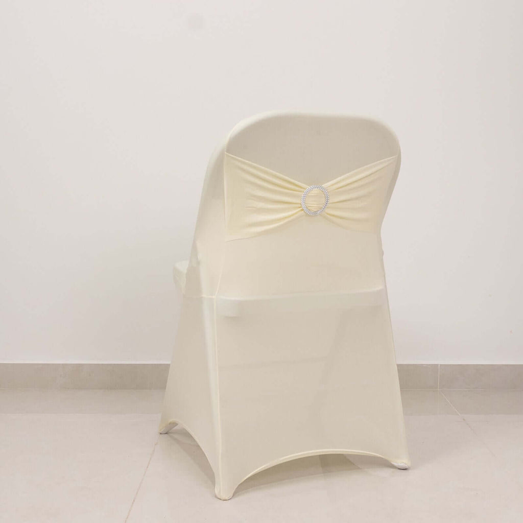 Stretch Spandex Chair Cover Ivory for Folding Chairs - Secure Fit Slipcover with Silver Rhinestone Buckled Sash Band - Bell Racket Store