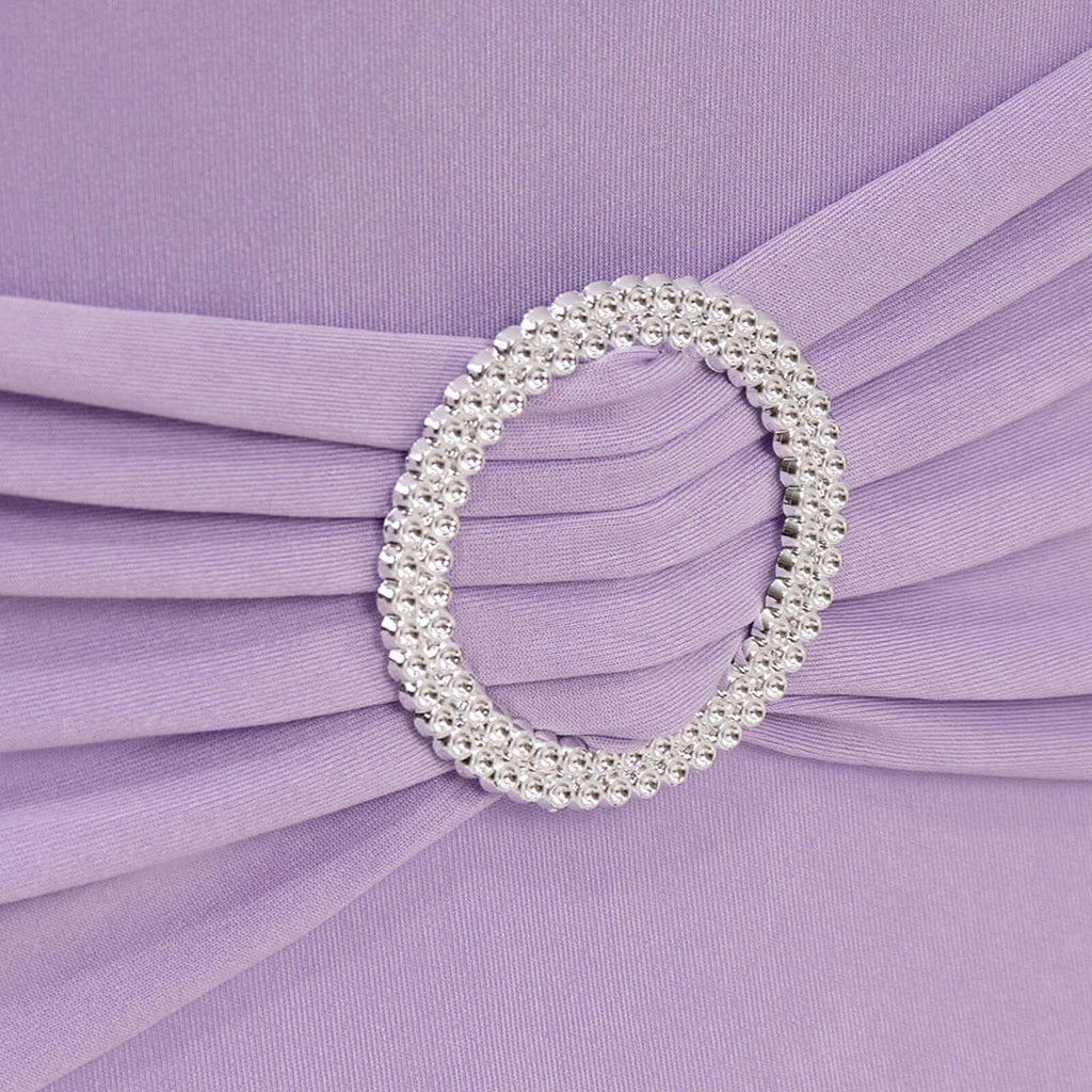 Stretch Spandex Chair Cover Lavender Lilac for Folding Chairs - Secure Fit Slipcover with Silver Rhinestone Buckled Sash Band - Bell Racket Store