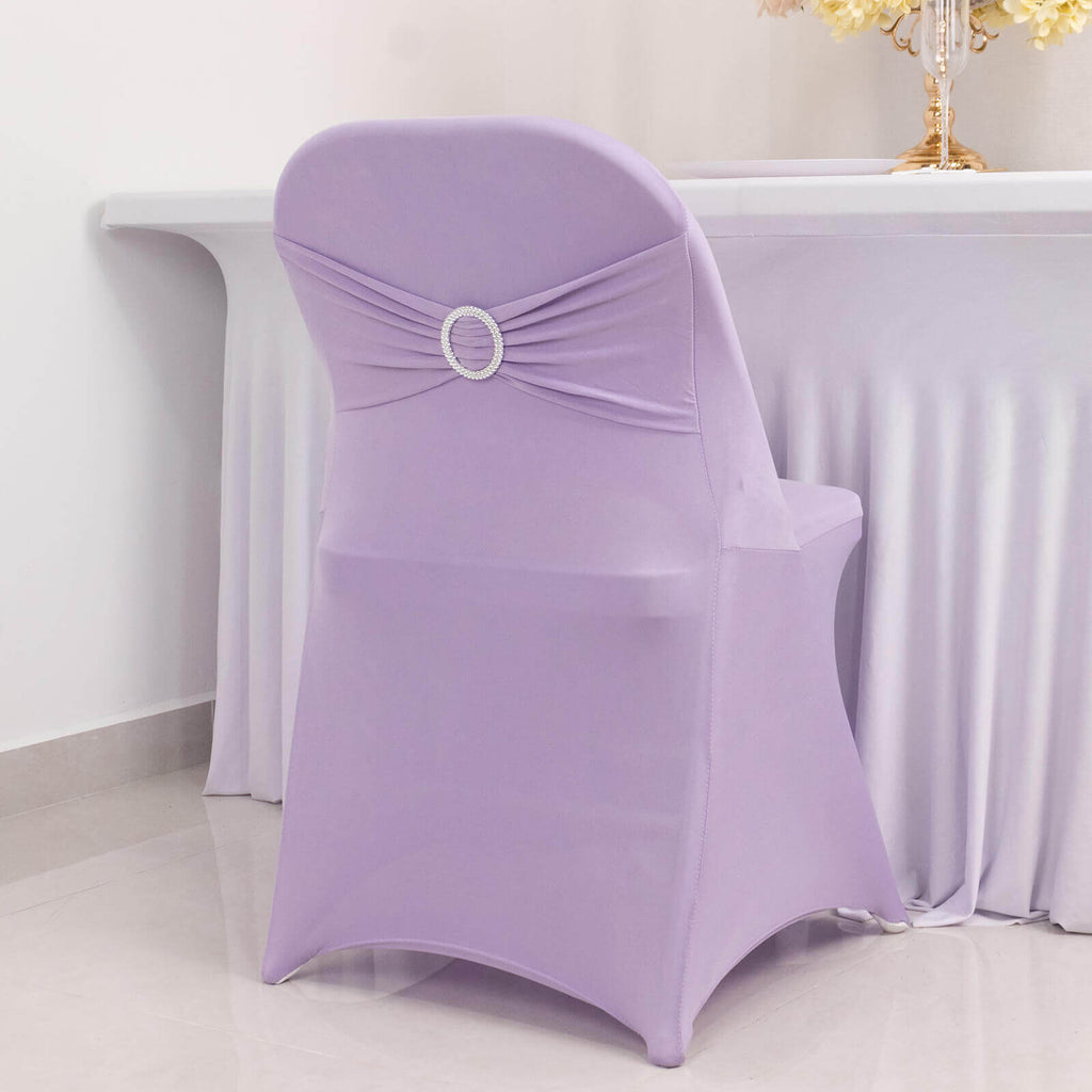 Stretch Spandex Chair Cover Lavender Lilac for Folding Chairs - Secure Fit Slipcover with Silver Rhinestone Buckled Sash Band - Bell Racket Store