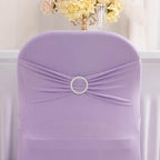 Stretch Spandex Chair Cover Lavender Lilac for Folding Chairs - Secure Fit Slipcover with Silver Rhinestone Buckled Sash Band - Bell Racket Store
