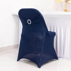 Stretch Spandex Chair Cover Navy Blue for Folding Chairs - Secure Fit Slipcover with Silver Rhinestone Buckled Sash Band - Bell Racket Store