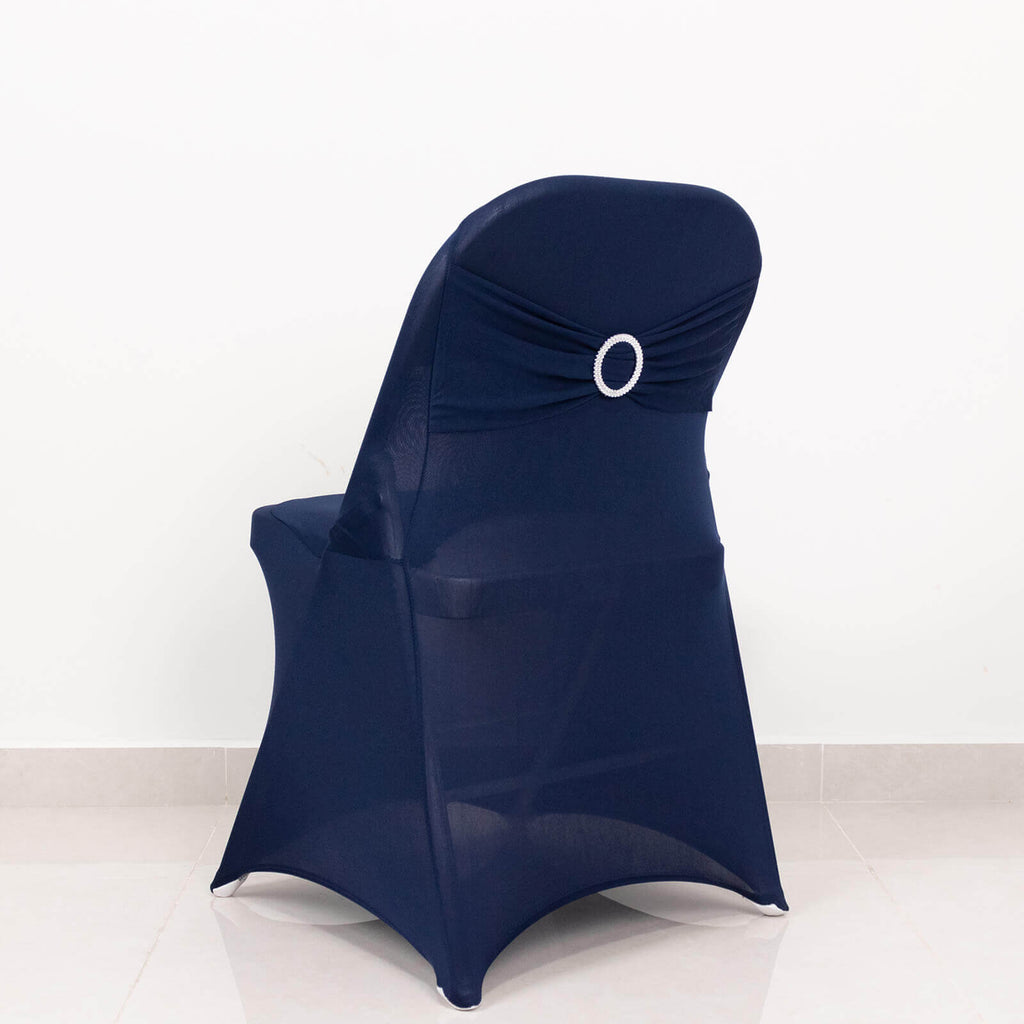 Stretch Spandex Chair Cover Navy Blue for Folding Chairs - Secure Fit Slipcover with Silver Rhinestone Buckled Sash Band - Bell Racket Store