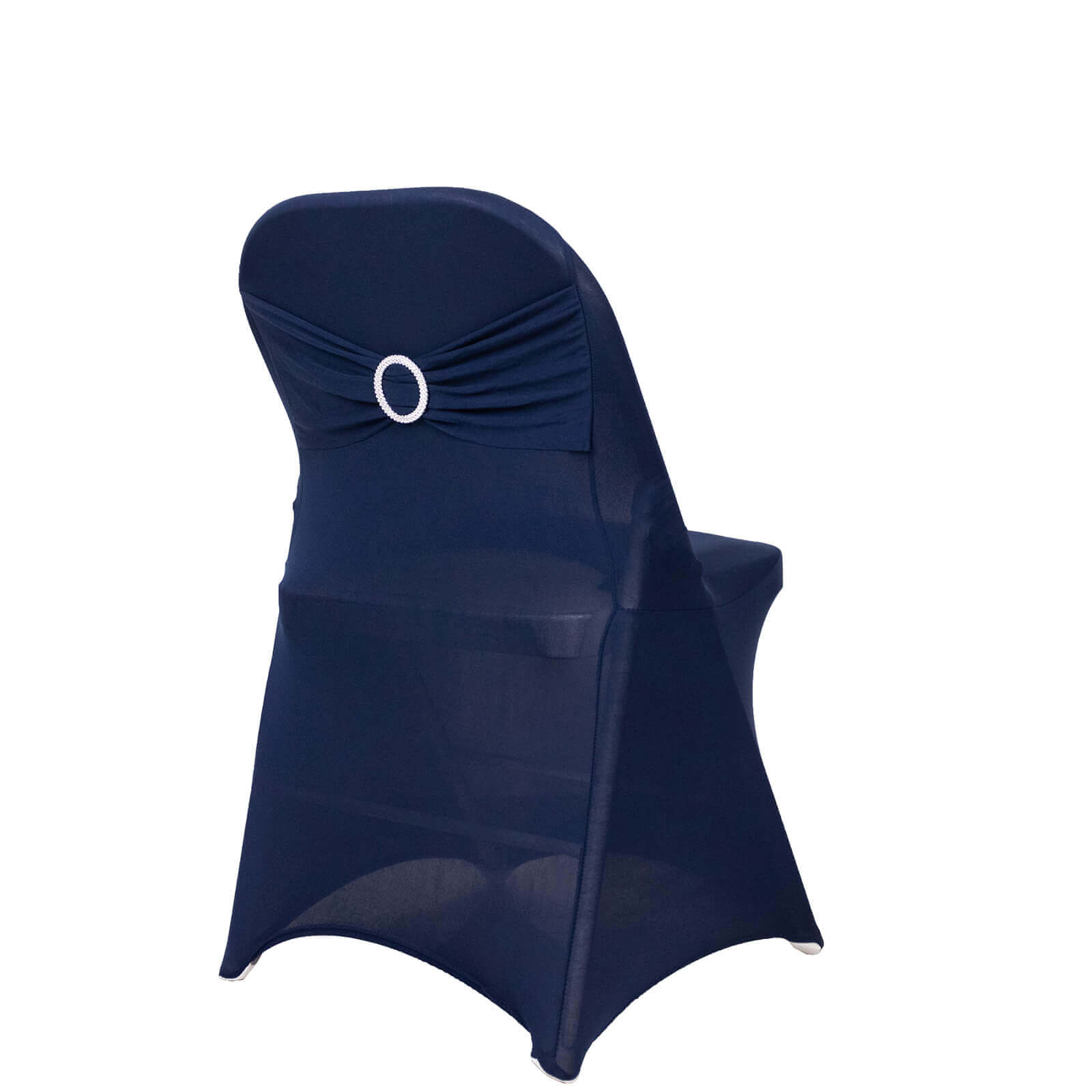 Stretch Spandex Chair Cover Navy Blue for Folding Chairs - Secure Fit Slipcover with Silver Rhinestone Buckled Sash Band - Bell Racket Store