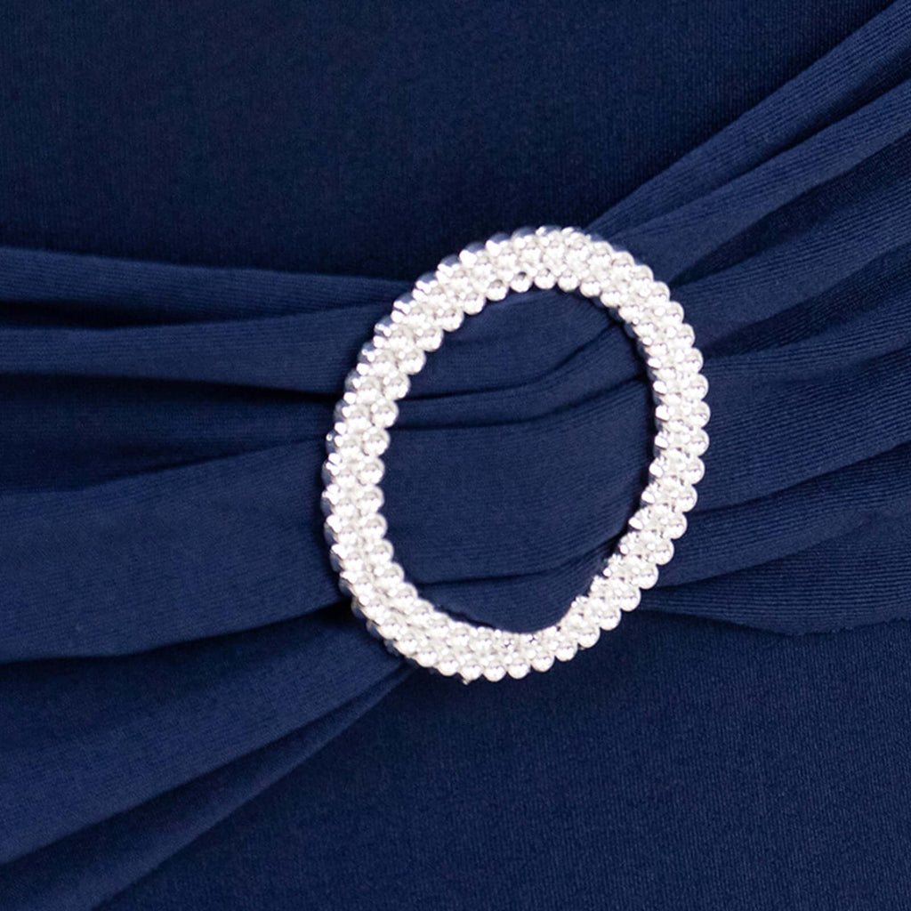 Stretch Spandex Chair Cover Navy Blue for Folding Chairs - Secure Fit Slipcover with Silver Rhinestone Buckled Sash Band - Bell Racket Store