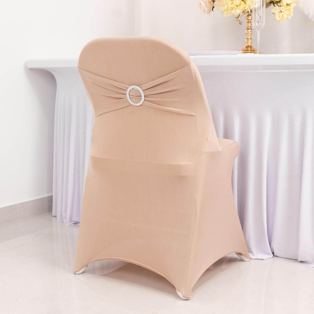 Stretch Spandex Chair Cover Nude for Folding Chairs - Secure Fit Slipcover with Silver Rhinestone Buckled Sash Band - Bell Racket Store