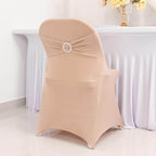 Stretch Spandex Chair Cover Nude for Folding Chairs - Secure Fit Slipcover with Silver Rhinestone Buckled Sash Band - Bell Racket Store