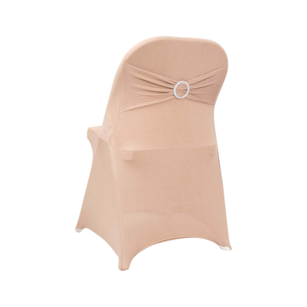Stretch Spandex Chair Cover Nude for Folding Chairs - Secure Fit Slipcover with Silver Rhinestone Buckled Sash Band - Bell Racket Store