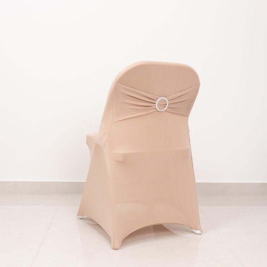 Stretch Spandex Chair Cover Nude for Folding Chairs - Secure Fit Slipcover with Silver Rhinestone Buckled Sash Band - Bell Racket Store