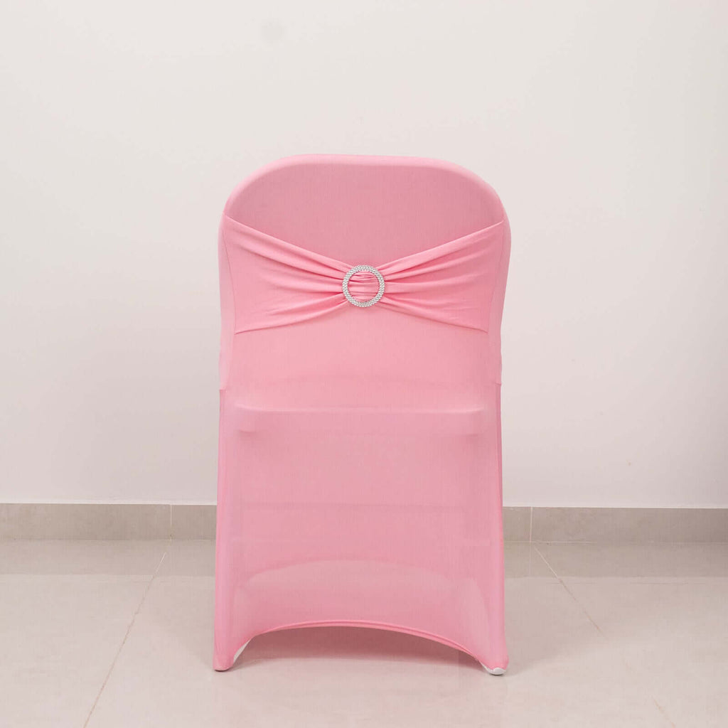 Stretch Spandex Chair Cover Pink for Folding Chairs - Secure Fit Slipcover with Silver Rhinestone Buckled Sash Band - Bell Racket Store