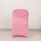 Stretch Spandex Chair Cover Pink for Folding Chairs - Secure Fit Slipcover with Silver Rhinestone Buckled Sash Band - Bell Racket Store