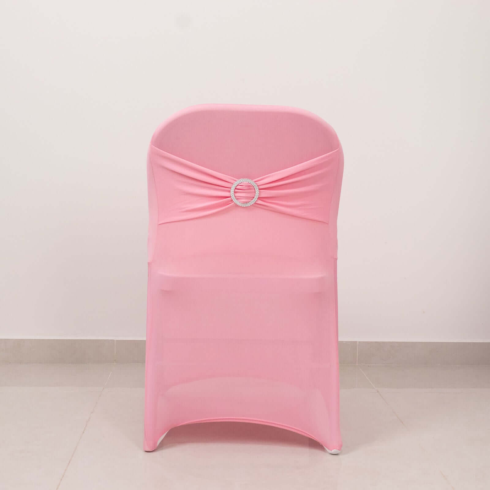 Stretch Spandex Chair Cover Pink for Folding Chairs - Secure Fit Slipcover with Silver Rhinestone Buckled Sash Band - Bell Racket Store