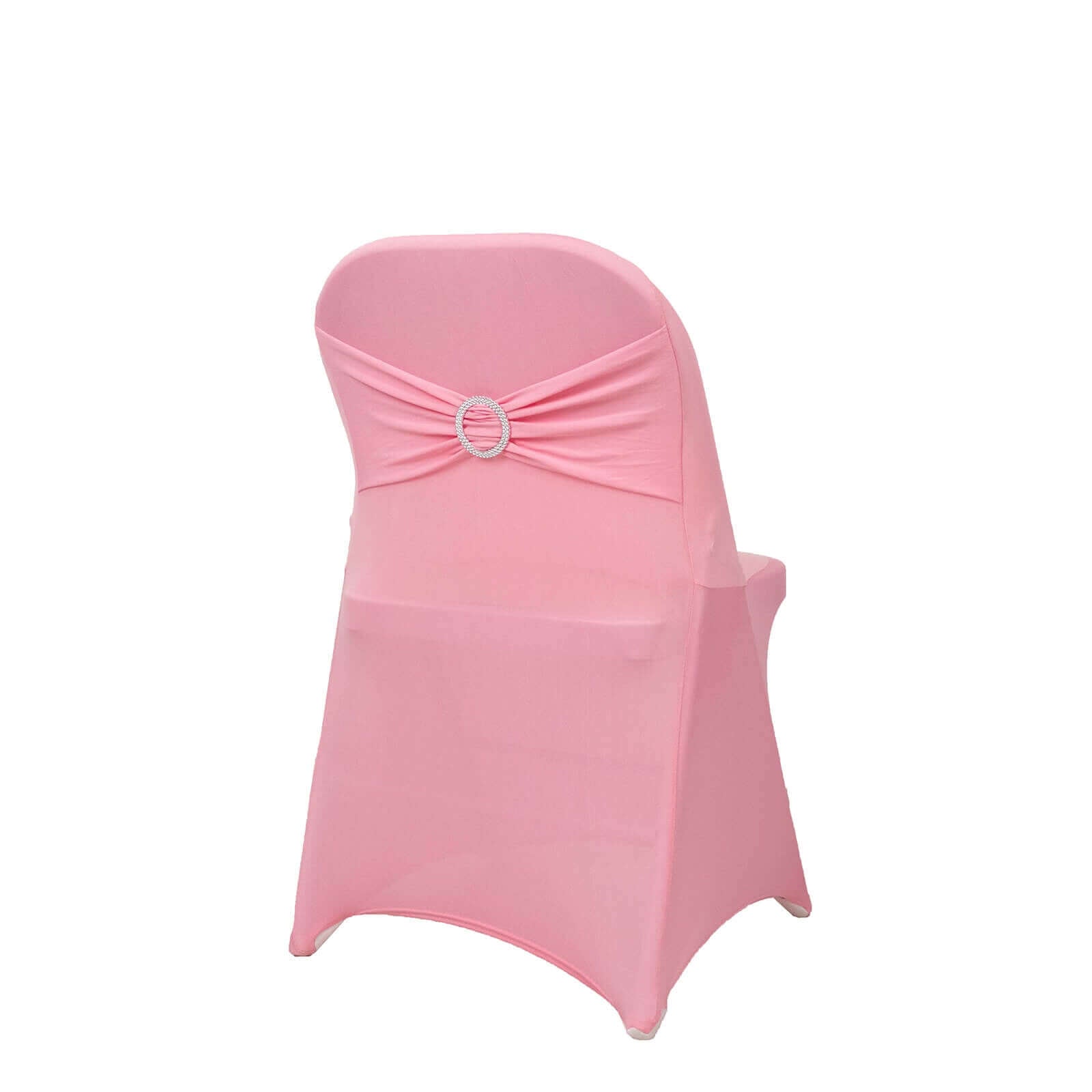 Stretch Spandex Chair Cover Pink for Folding Chairs - Secure Fit Slipcover with Silver Rhinestone Buckled Sash Band - Bell Racket Store