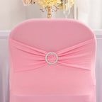 Stretch Spandex Chair Cover Pink for Folding Chairs - Secure Fit Slipcover with Silver Rhinestone Buckled Sash Band - Bell Racket Store