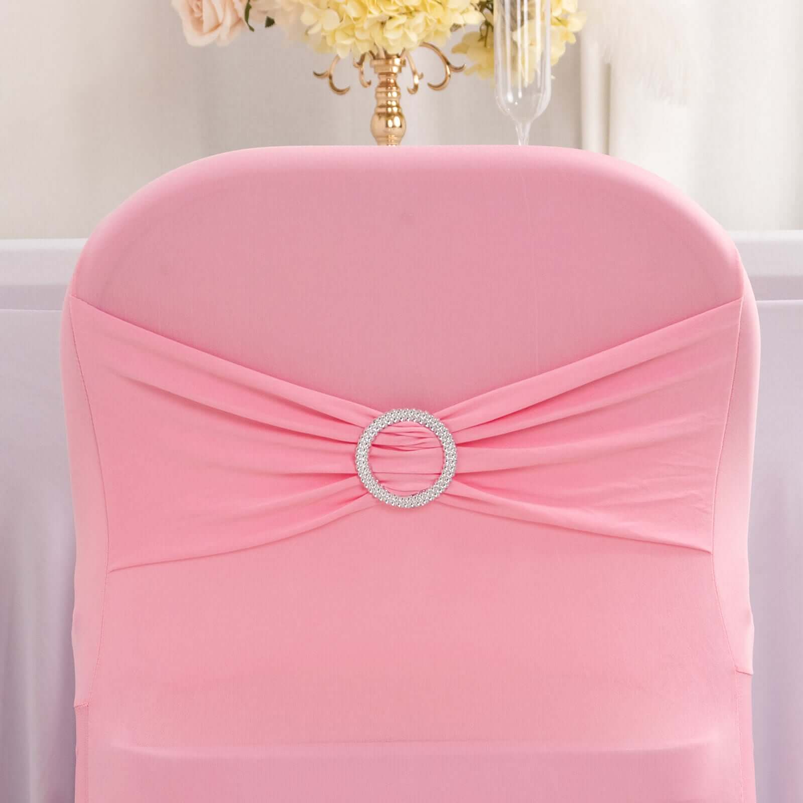 Stretch Spandex Chair Cover Pink for Folding Chairs - Secure Fit Slipcover with Silver Rhinestone Buckled Sash Band - Bell Racket Store