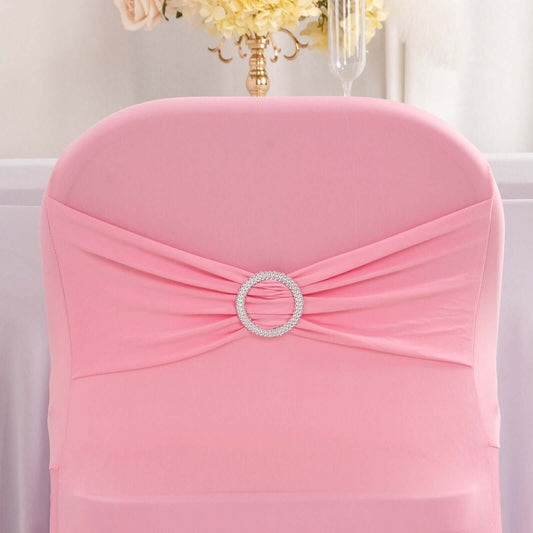 Stretch Spandex Chair Cover Pink for Folding Chairs - Secure Fit Slipcover with Silver Rhinestone Buckled Sash Band - Bell Racket Store