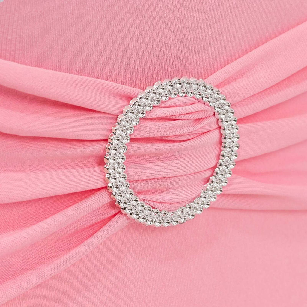 Stretch Spandex Chair Cover Pink for Folding Chairs - Secure Fit Slipcover with Silver Rhinestone Buckled Sash Band - Bell Racket Store