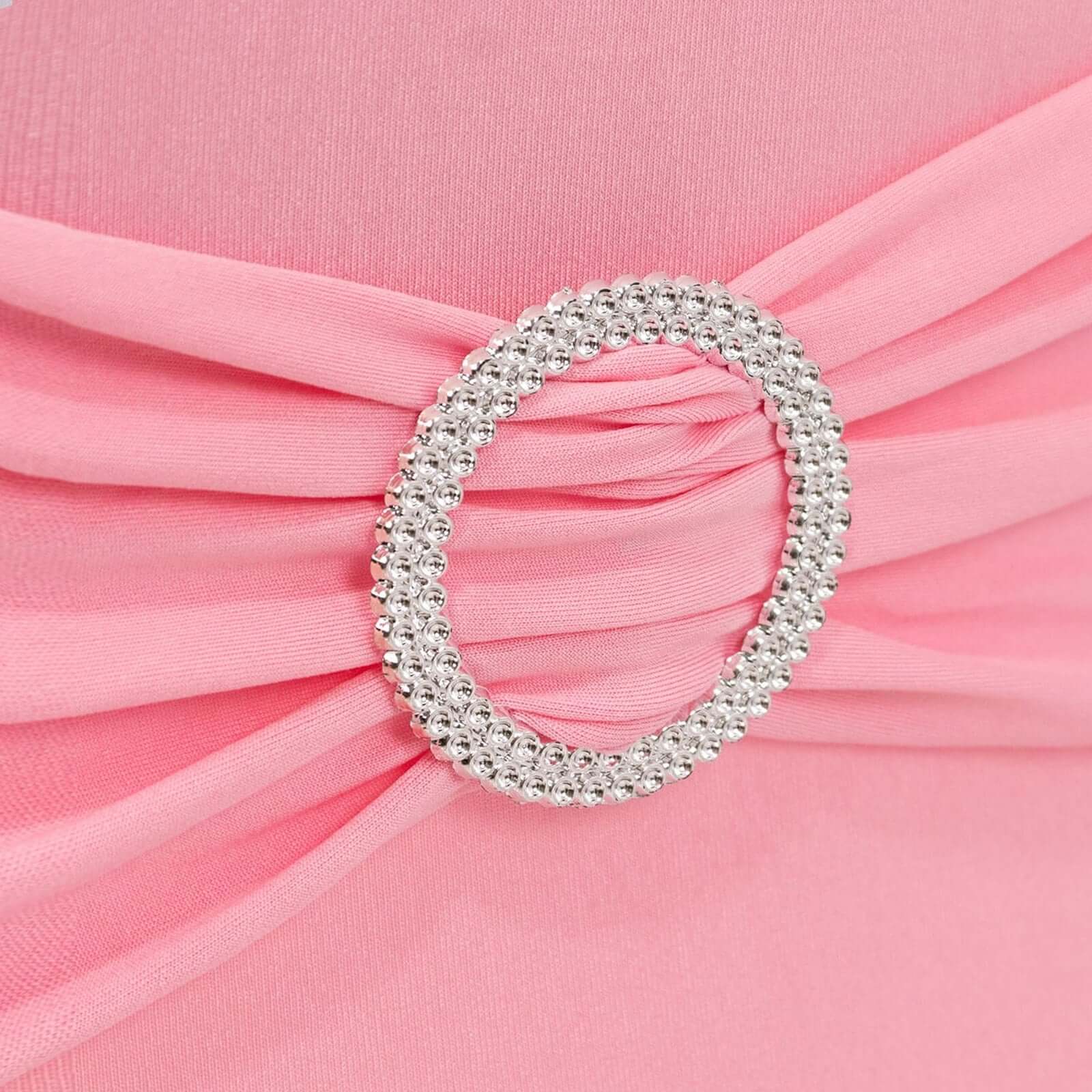 Stretch Spandex Chair Cover Pink for Folding Chairs - Secure Fit Slipcover with Silver Rhinestone Buckled Sash Band - Bell Racket Store