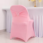 Stretch Spandex Chair Cover Pink for Folding Chairs - Secure Fit Slipcover with Silver Rhinestone Buckled Sash Band - Bell Racket Store