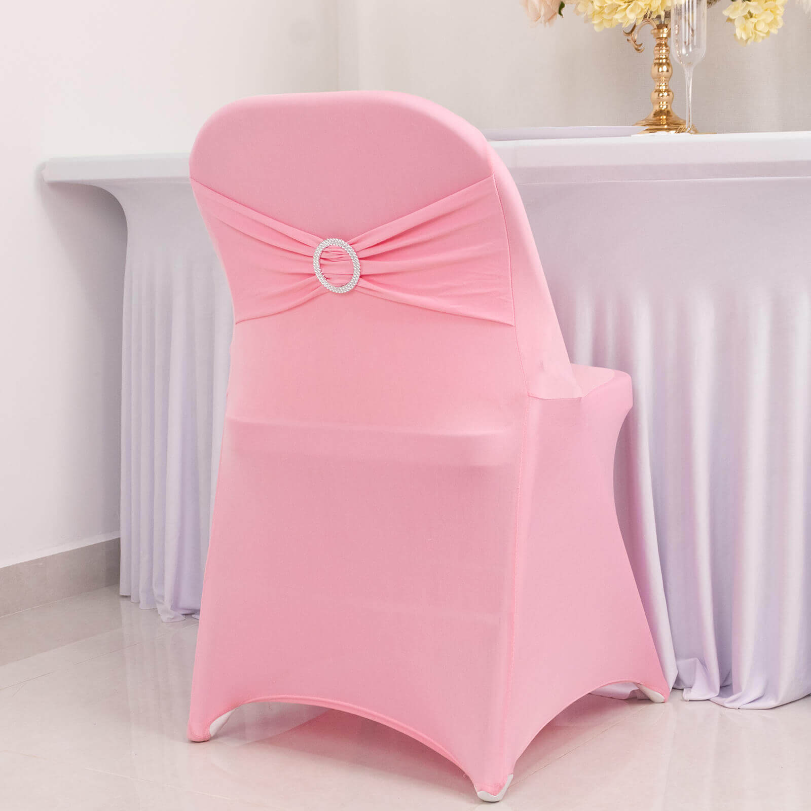 Stretch Spandex Chair Cover Pink for Folding Chairs - Secure Fit Slipcover with Silver Rhinestone Buckled Sash Band - Bell Racket Store