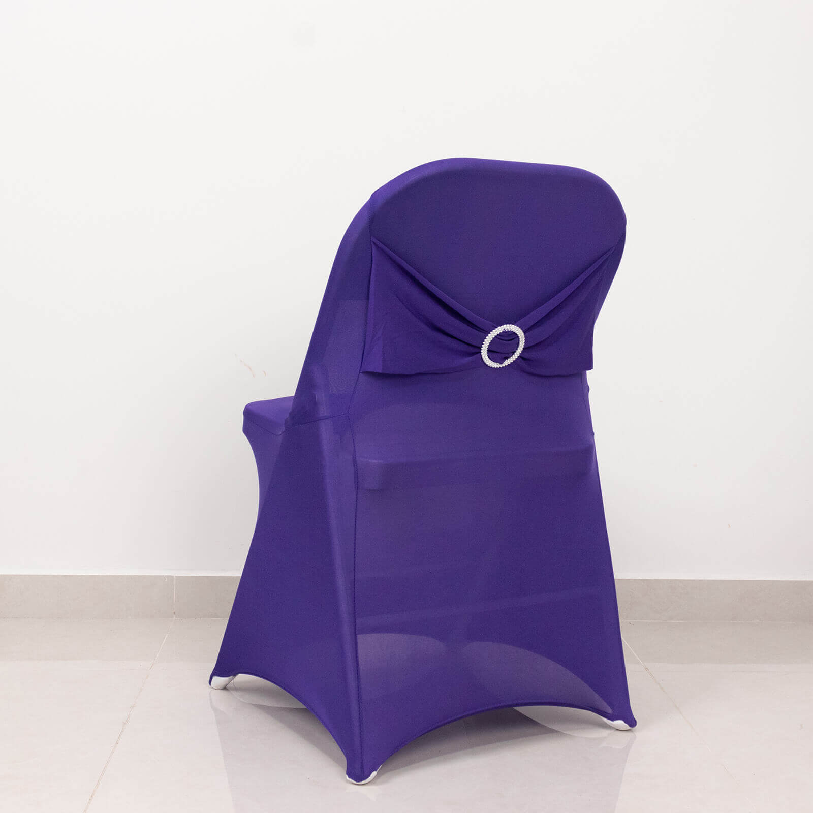 Stretch Spandex Chair Cover Purple for Folding Chairs - Secure Fit Slipcover with Silver Rhinestone Buckled Sash Band - Bell Racket Store