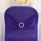 Stretch Spandex Chair Cover Purple for Folding Chairs - Secure Fit Slipcover with Silver Rhinestone Buckled Sash Band - Bell Racket Store