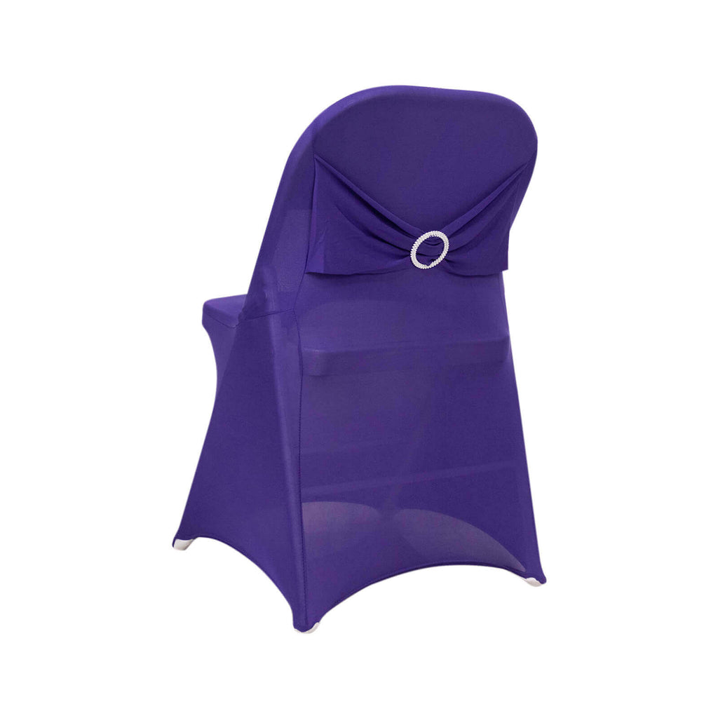 Stretch Spandex Chair Cover Purple for Folding Chairs - Secure Fit Slipcover with Silver Rhinestone Buckled Sash Band - Bell Racket Store