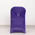 Stretch Spandex Chair Cover Purple for Folding Chairs - Secure Fit Slipcover with Silver Rhinestone Buckled Sash Band - Bell Racket Store