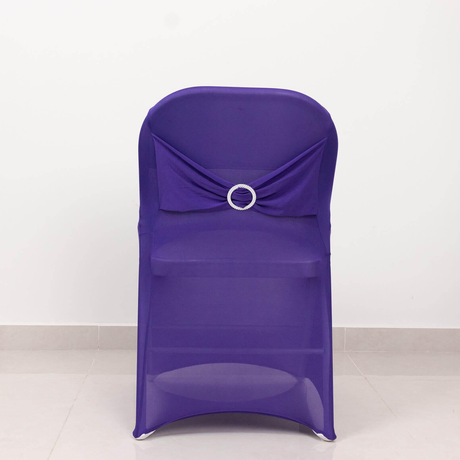 Stretch Spandex Chair Cover Purple for Folding Chairs - Secure Fit Slipcover with Silver Rhinestone Buckled Sash Band - Bell Racket Store