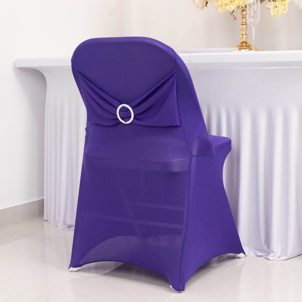 Stretch Spandex Chair Cover Purple for Folding Chairs - Secure Fit Slipcover with Silver Rhinestone Buckled Sash Band - Bell Racket Store
