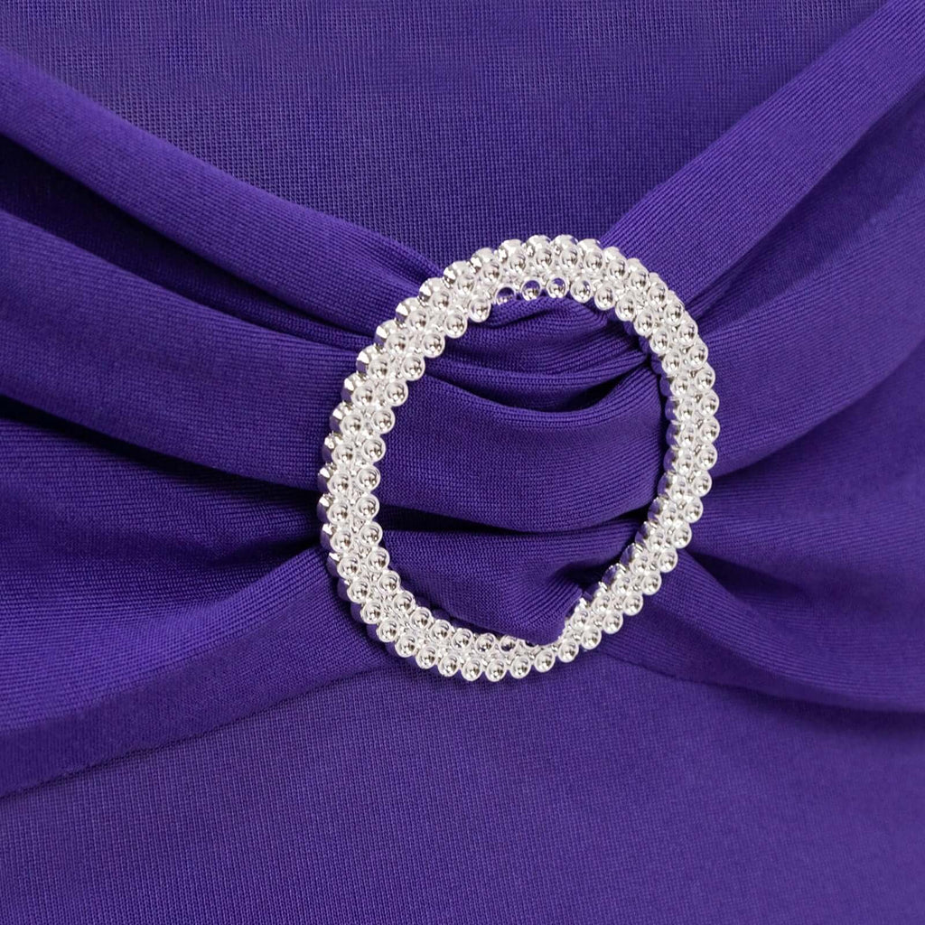 Stretch Spandex Chair Cover Purple for Folding Chairs - Secure Fit Slipcover with Silver Rhinestone Buckled Sash Band - Bell Racket Store