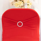 Stretch Spandex Chair Cover Red for Folding Chairs - Secure Fit Slipcover with Silver Rhinestone Buckled Sash Band - Bell Racket Store