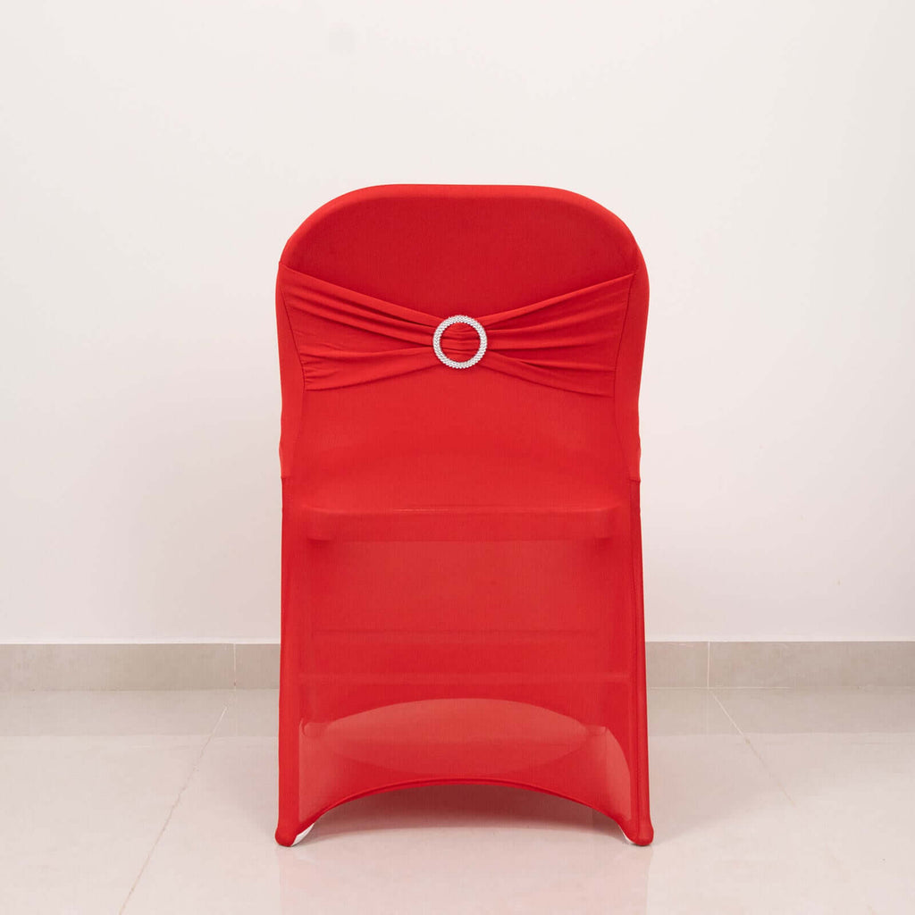 Stretch Spandex Chair Cover Red for Folding Chairs - Secure Fit Slipcover with Silver Rhinestone Buckled Sash Band - Bell Racket Store