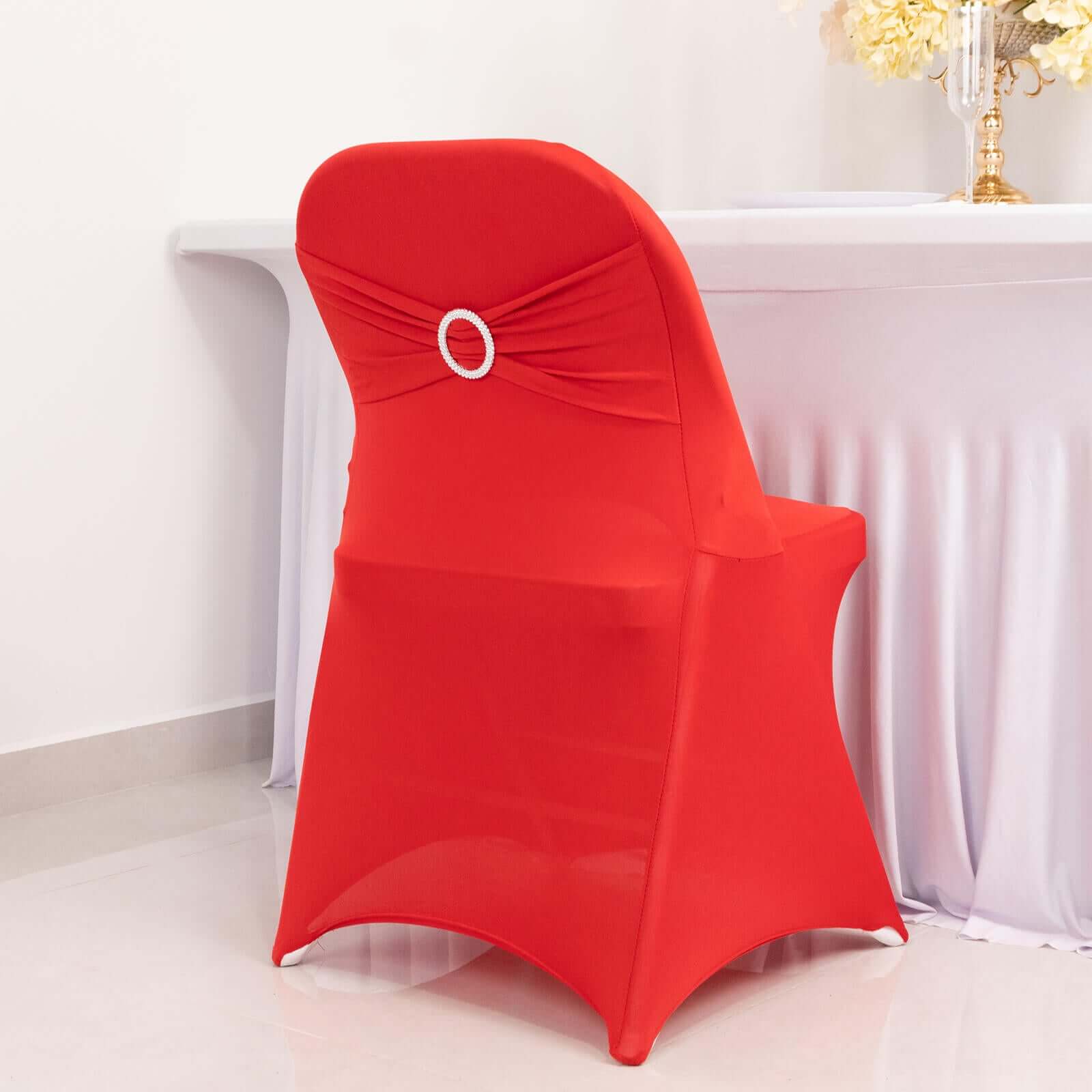 Stretch Spandex Chair Cover Red for Folding Chairs - Secure Fit Slipcover with Silver Rhinestone Buckled Sash Band - Bell Racket Store