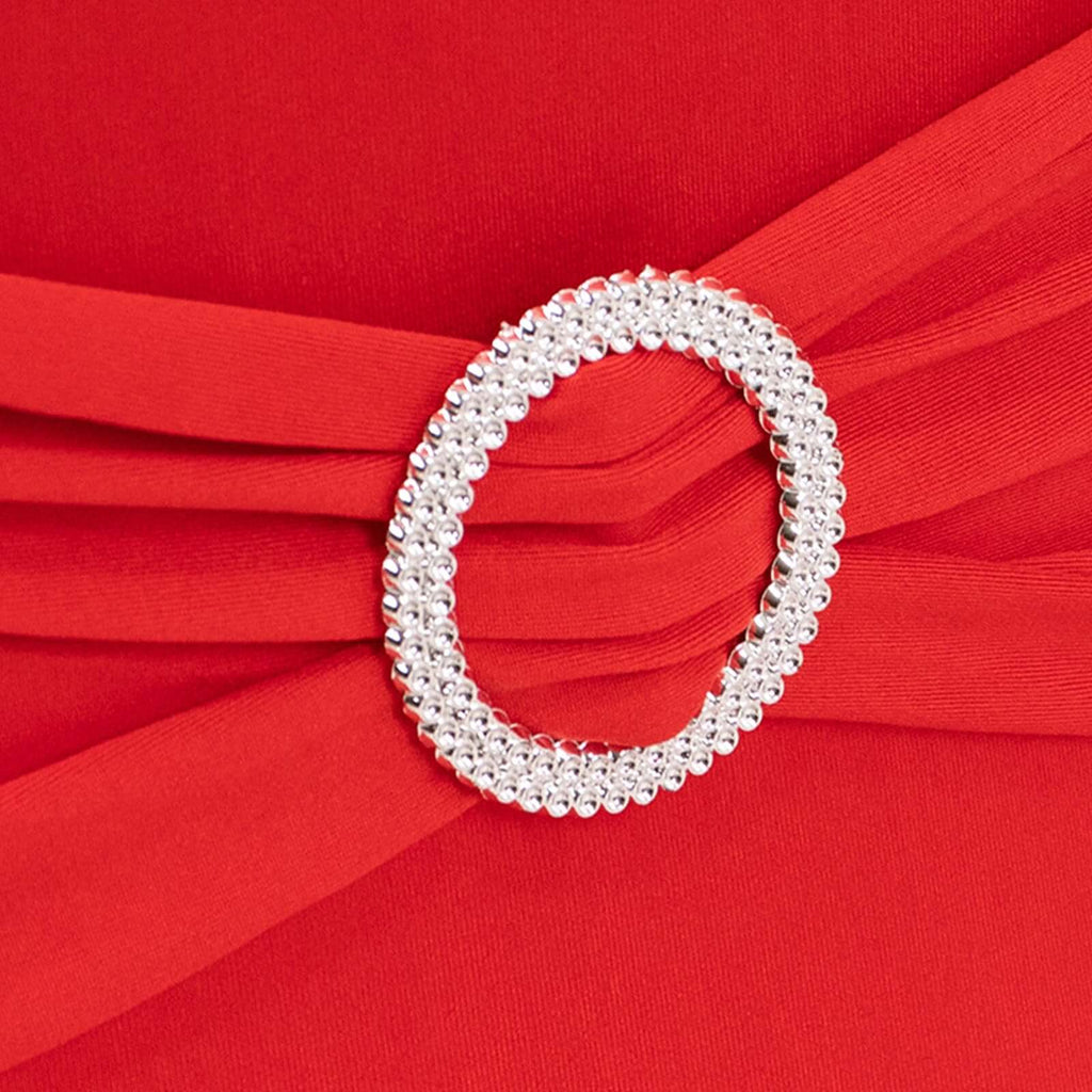 Stretch Spandex Chair Cover Red for Folding Chairs - Secure Fit Slipcover with Silver Rhinestone Buckled Sash Band - Bell Racket Store