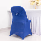 Stretch Spandex Chair Cover Royal Blue for Folding Chairs - Secure Fit Slipcover with Silver Rhinestone Buckled Sash Band - Bell Racket Store