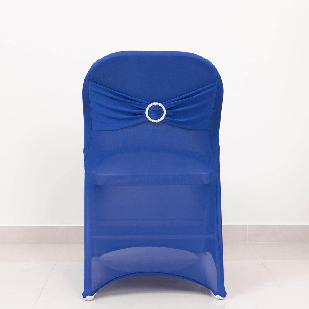 Stretch Spandex Chair Cover Royal Blue for Folding Chairs - Secure Fit Slipcover with Silver Rhinestone Buckled Sash Band - Bell Racket Store