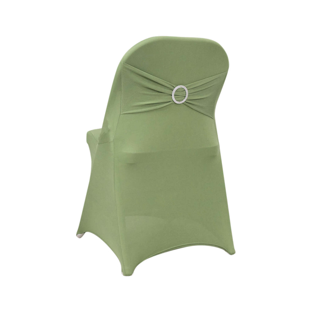 Stretch Spandex Chair Cover Sage Green for Folding Chairs - Secure Fit Slipcover with Silver Rhinestone Buckled Sash Band - Bell Racket Store