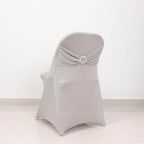 Stretch Spandex Chair Cover Silver for Folding Chairs - Secure Fit Slipcover with Silver Rhinestone Buckled Sash Band - Bell Racket Store