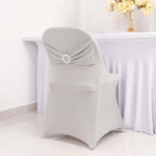 Stretch Spandex Chair Cover Silver for Folding Chairs - Secure Fit Slipcover with Silver Rhinestone Buckled Sash Band - Bell Racket Store