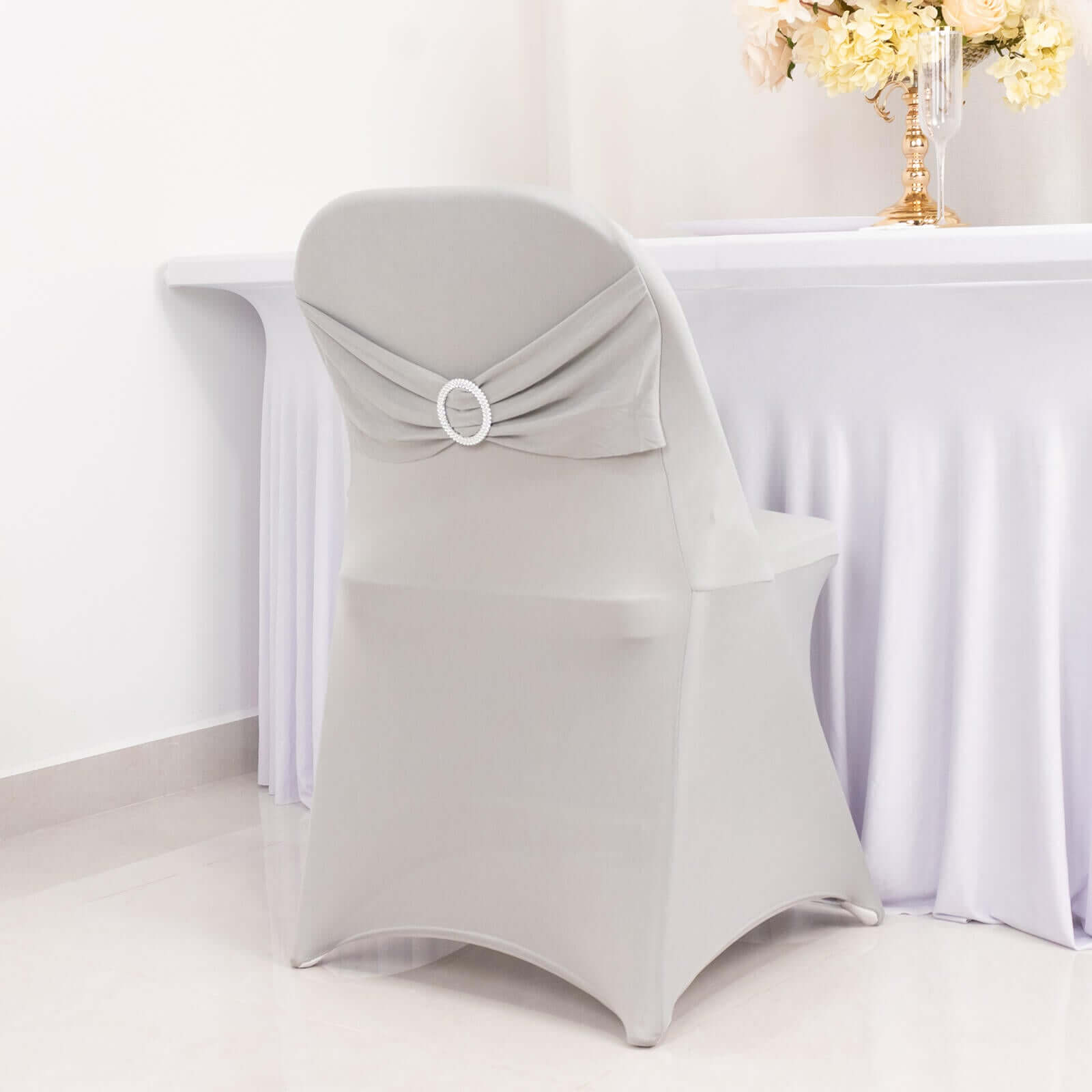 Stretch Spandex Chair Cover Silver for Folding Chairs - Secure Fit Slipcover with Silver Rhinestone Buckled Sash Band - Bell Racket Store