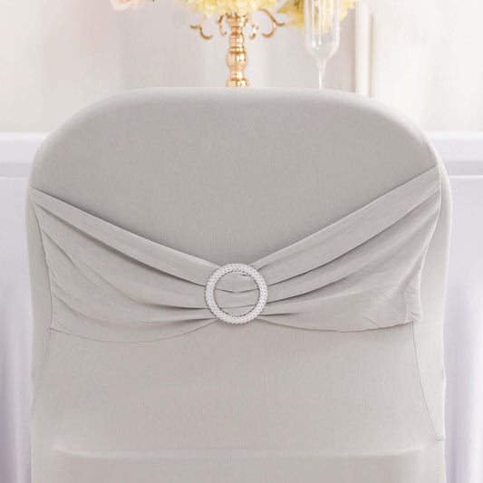 Stretch Spandex Chair Cover Silver for Folding Chairs - Secure Fit Slipcover with Silver Rhinestone Buckled Sash Band - Bell Racket Store