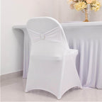 Stretch Spandex Chair Cover White for Folding Chairs - Enhanced Style & Secure Fit Slipcover with Stunning Silver Rhinestone Buckled Sash Band - Bell Racket Store