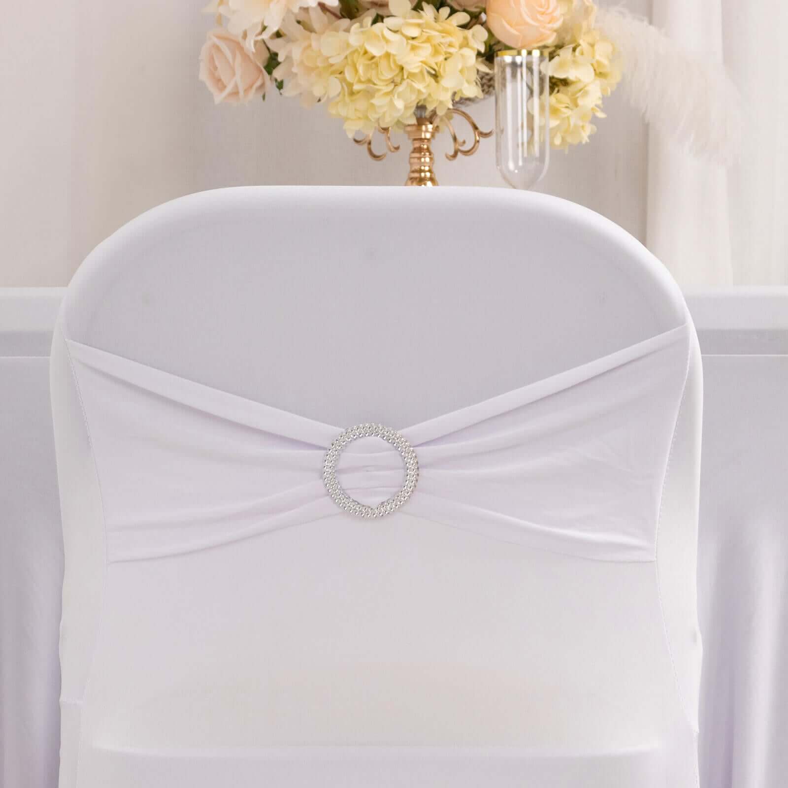 Stretch Spandex Chair Cover White for Folding Chairs - Enhanced Style & Secure Fit Slipcover with Stunning Silver Rhinestone Buckled Sash Band - Bell Racket Store