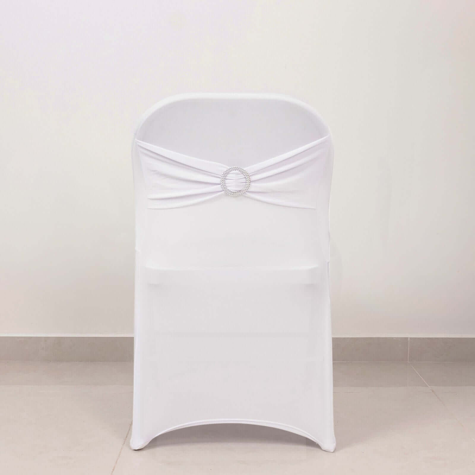 Stretch Spandex Chair Cover White for Folding Chairs - Enhanced Style & Secure Fit Slipcover with Stunning Silver Rhinestone Buckled Sash Band - Bell Racket Store