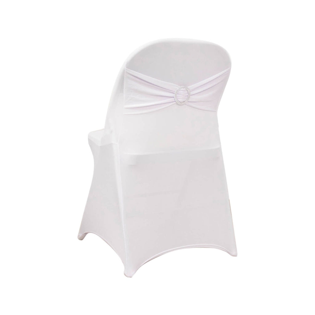 Stretch Spandex Chair Cover White for Folding Chairs - Enhanced Style & Secure Fit Slipcover with Stunning Silver Rhinestone Buckled Sash Band - Bell Racket Store