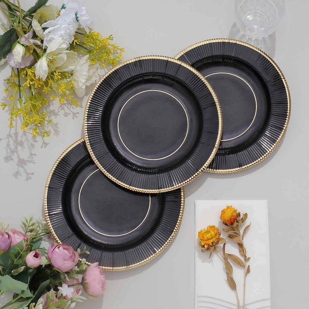 25-Pack Paper 8" Round Dessert Plates in Black Sunray Design with Gold Rim - Disposable Heavy Duty 350GSM Appetizer Salad Plates